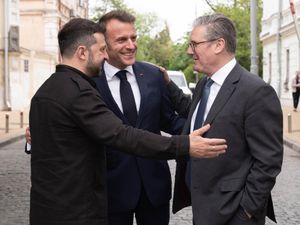 Ukrainian President Volodymyr Zelensky, French President Emmanuel Macron and Prime Minister Sir Keir Starmer tour the streets of Kyiv, Ukraine, after they attended a meeting of the so-called 'coalition of the willing' at the Presidential Palace