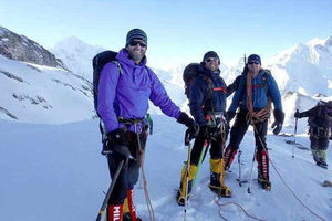 Centre, Gareth Douglas, with fellow climbers at their base camp in Langtang National Park ahead of their expedition to Everest