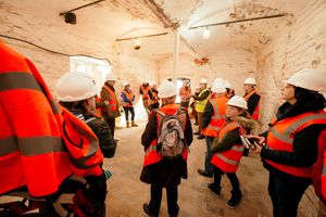 Visitors inside the building