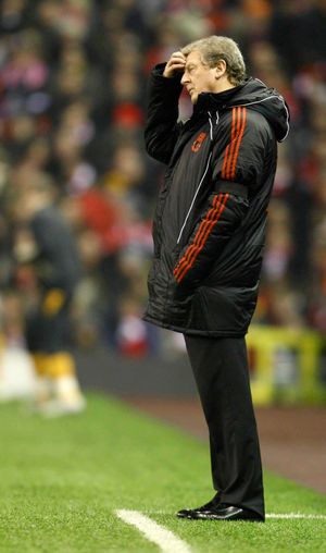Liverpool manager Roy Hodgson looks bewildered at his team's performance during the 1-0 defeat  to Wolves.