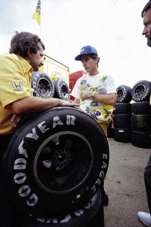 Ayrton Senna with a Goodyear tyre