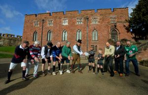 Shrewsbury Castle where a Rugby ball was passed among players and former to mark 200 years since the invention of the game