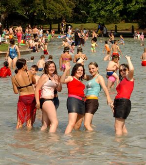 Youngsters take a dip at Tettenhall paddling pool in Wolverhampton as temperatures soar in 2003