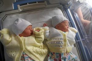 Twins Isabelle and Evie Jones in hospital just after they were born