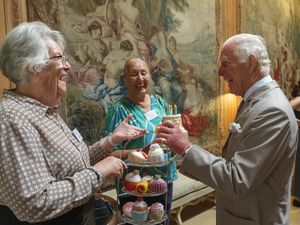 Supporting image for story: King receives knitted cake to mark 10 years of textiles skills drive
