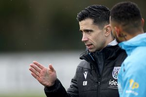Eric Ramsay in discussion in discussion with Karlan Grant (Photo by Adam Fradgley/West Bromwich Albion FC via Getty Images)