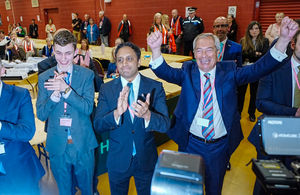 Reform UK leader Nigel Farage (right) and chair Zia Yusuf (centre) celebrate after Reform candidate Sarah Pochin won the Runcorn and Helsby by-election.