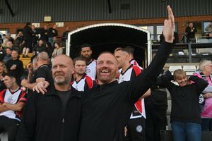Hednesford Town boss Gavin Hurren (right) celebrates promotion with owner Craig Gwilt