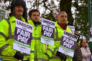 NHS staff with their protest banners outside the Royal Shrewsbury Hospital