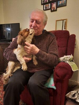 Alan Chamberlain reunited with Penny, who was missing for three weeks. Photo: Stacey Bushell