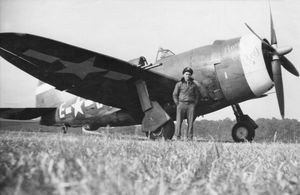 This Atcham-based P-47 Thunderbolt fighter behind Bruce Byers was called "Any Old Bag"