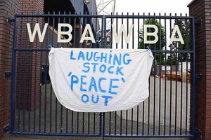 A homemade sign put up on the WBA gates on Halfords Lane.