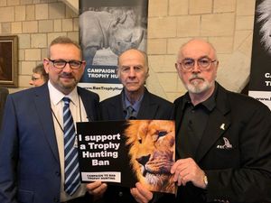 Sir Ranulph Fiennes (centre) with campaign to Ban Trophy Hunting founder Eduardo Goncalves (left) and actor and animal activist Peter Egan (right) - Animal News Agency 