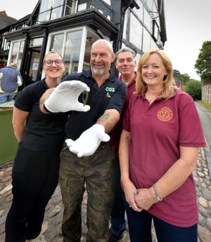 With the Roman brooch he found, Newport Society member Chris Maudsley, at Deli 45, Newport, with (left) Deli 45 owner Lisa Baker, Newport History Society field officer Julian Meeson, and member Cathryn Ross-Talbot