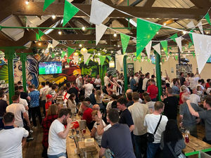 The pub was packed with fans who celebrate Jude Bellingham's goal against Serbia. Photo: Green Duck Brewing Ltd