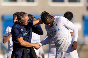 Boss Kevin Wilkin, congratulates AFC Telford defender Orrin Pendley after the FA Cup win over Kidderminster Harriers, which featured Pendley's wonderful bicycle kick goal. Pic: Euan Manning Photography