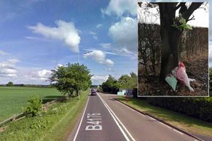 The B4176 near where the crash happened and tributes left at the scene. Picture: Google