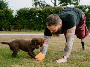 Supporting image for story: Arthur the puppy reports for duty to help former Shropshire soldier