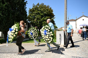 Flowers gifted from Porto FC ahead of the wake of Diogo Jota being held at Sao Cosme Chapel in the town of Gondomar near Porto