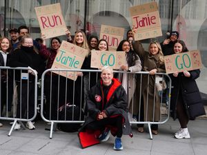 Jamie Laing poses for photos with supporters outside BBC Broadcasting House in London before his Red Nose Day run