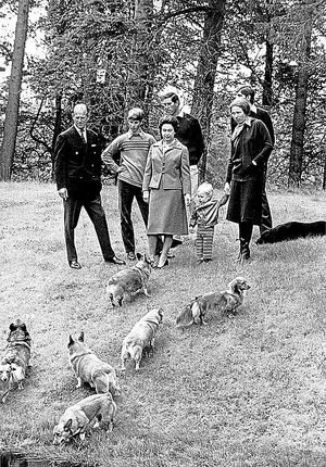 Their 32nd wedding anniversary in 1979 at Balmoral Castle. Also pictured are Prince Edward, Prince Charles, Prince Andrew and Princess Anne with her son Master Peter Phillips
