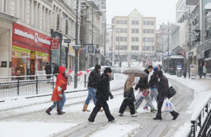 Wolverhampton City Centre in the snow. View looking up past Beatties towards Yates's, Christmas 2010.