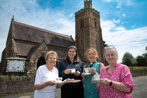 Georgia Thomas of Anwyl Homes at Holy Trinity Church, Bicton with Wendy Horan, Church Warden, The Reverend Hannah Lins and Clare Dixon, Church Warden.
