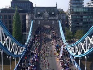 The mass participation London Marathon on Tower Bridge