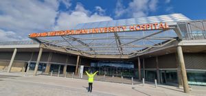 Jayne Dunn outside main entrance at MMUH