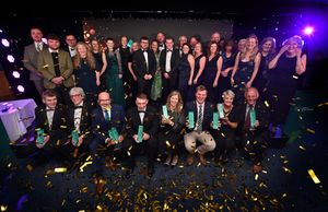 Shrewsbury FC and the Farmer Awards event takes place.   Winners at the front with there awards, and finalists behind.