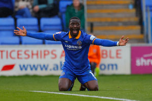Dan Udoh of Shrewsbury Town reacts after being brought down (AMA)