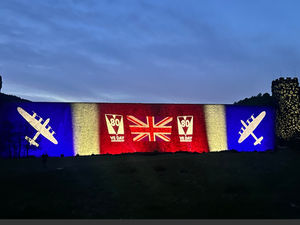 Severn Trent lights up Derwent Dam to honour Dambusters for VE Day.