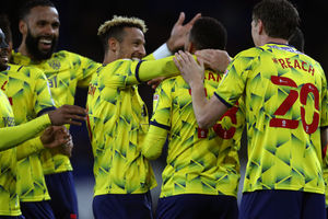Karlan Grant of West Bromwich Albion celebrates after scoring a goal to make it 0-1 (Photo by Adam Fradgley - AMA/West Bromwich Albion FC via Getty Images).