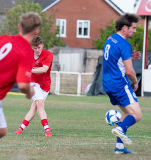 Jacob Edwards scores for Whitchurch Alport against Hanley Town Picture: Liam Pritchard