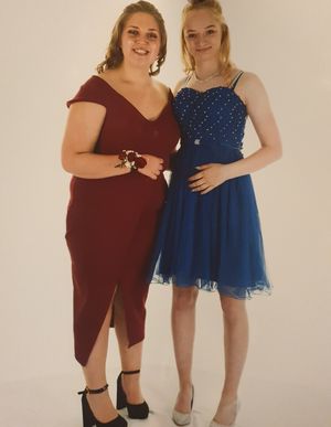 Best friends Porche Enever and Charlie Teece of Madeley Academy in their prom outfits