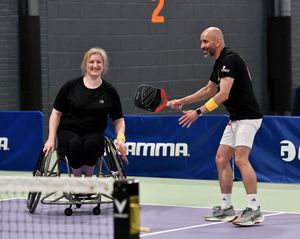 The Courtside Hybrid Team Pickleball Tournament 2026, taking place in Stourbridge, where disabled and non disabled team members play together. Sonia Howe and Fernando Silva Palacios in action.