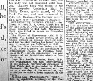 A brief mention of the local officer's death carried in the Shrewsbury Chronicle of November 15, 1918.