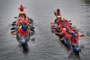 A close race captured from above at the Severn Hospice Dragon Boat Festival