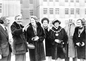 Visit by the TUC general secretary Len Murray to the new hospital being built at Copthorne, Shrewsbury, on February 20, 1976. The caption reads: 'A busy day in Shropshire yesterday for TUC general secretary Len Murray. He visited the hospital being built at Copthorne, Shrewsbury. Seen above, from left: Dr Ernest Rees, Mr Murray, Mrs Heather Murray, Mrs Pat Gwynne, Councillor Miss Zillah Hughes, Mayor of Shrewsbury; Mr Frank Leath, area health authority chairman, and Mayoress Mrs Marie Link.' 