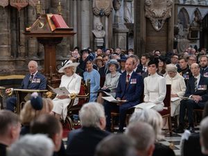 The King, the Queen, the Prince and the Princess of Wales and others attend a Service of Thanksgiving at Westminster Abbey in London on the 80th anniversary of VE Day