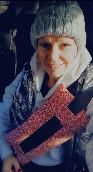 Sandra with a mastectomy cushion