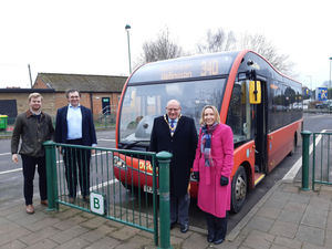 Celebrating the launch of the new 340 bus service from Whitchurch-Market Drayton-Wellington are (from left): Councillor Tom Dainty (Market Drayton East and Rural), Councillor Rob Wilson (portfolio holder for transport and economic growth), Councillor