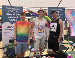 Volunteer James Downs with Chase Pride festival director Kathryn Downs and Chase Pride operations manager Aiden Bowden
