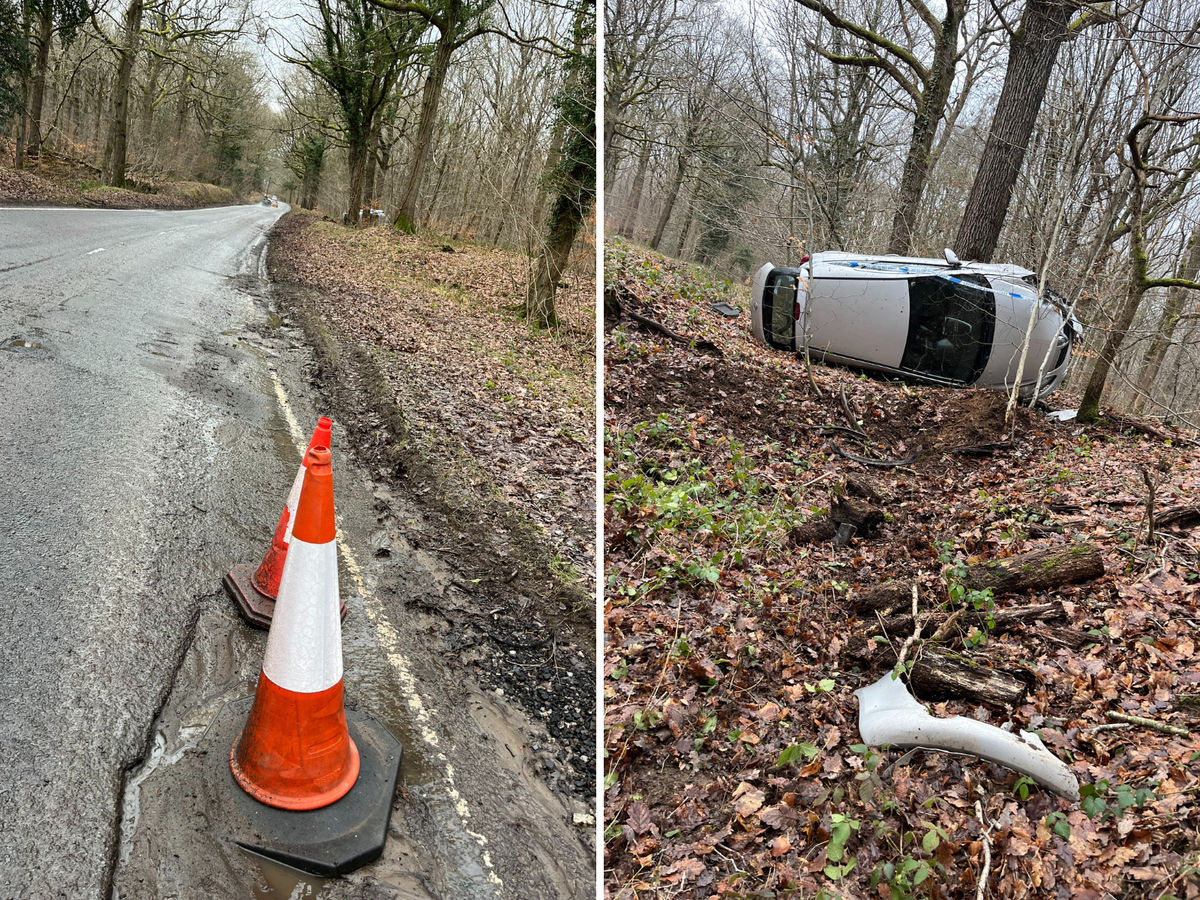 A father has hit out after his son was involved in a serious car crash when he was forced to evade an oncoming vehicle which was dodging a giant pothole.