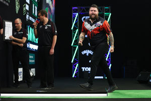 In with a shout: Former champion Michael Smith at the 2025 Mr Vegas Grand Slam of Darts in Wolverhampton (Picture: Kieran Cleeves/PDC)
