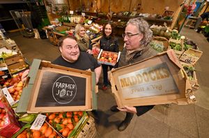 Maddocks fruit and Veg stall at Shrewsbury Market Hall is  changing hands and will become 'Farmer Joes'. Pictured front is new owner Joe Hamer (left) and outgoing owner Chris Maddock. Behind them are Joe's wife Laura (left) and Chris's daughter Jazz 