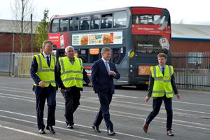 Transport Secretary Grant Shapps with National Express UK MD Tom Stables (left), Dudley Council leader Patrick Harley and West Midlands Mayor Andy Street