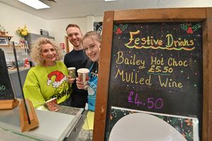 Christmas Fayre at the Severn Hospice in Shrewsbury.. Moira Cooper, Grant Jaundrell and Bella Pugh.