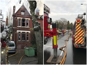 The damage caused by the blaze, and right, crews in Hamstead Road. Picture: Aston Fire Station/West Midlands Fire Service