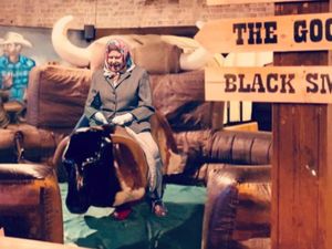 Supporting image for story: 'Queen' helps restaurant to celebrate Jubilee with appearance on bucking bronco